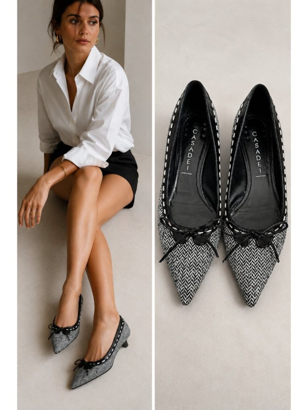 Casadei Tweed Kitten Heel Pumps Womens 7.5 B Black White Pointed Toe Bow Italy